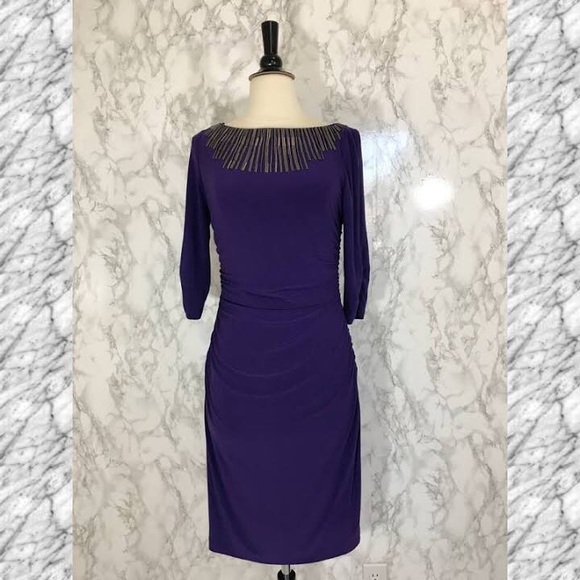 Plum Adrianna Papell Dress - 2P - Beaded Neckline - Picture 2 of 6